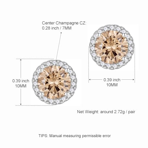 YOMELA Round Cubic Zirconia Stud Earrings for Women | Everyday Dainty, Diamond-Like Brilliance, CZ Halo Birthstone Studs, Hypoallergenic & Lightweight, Elegant & Versatile - color: Champagne