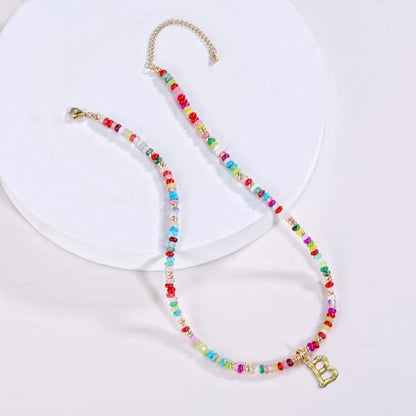 YOUFENG Initial Letter Necklaces for Women Colorful Beaded Gemstone Choker 14K Gold Plated Bamboo Letter Pendant Necklace Natural Stone Handmade Jewelry Gift - color: B