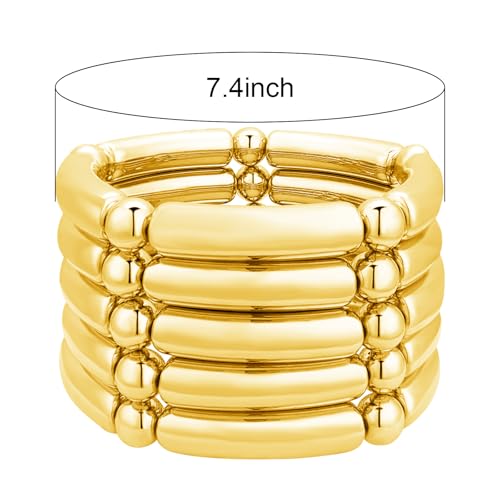YBMYCM 5PCS Gold Chunky Bangles Bracelets for Women | 14k Gold Plated Stackable Layered Curved Bamboo Tube Stretch Bracelets Bangle Gift Jewelry - color: 5pcs G-8mm