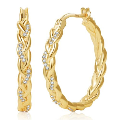 Senteria Silver Twisted Hoops Earring for Women Hypoallergenic Sterling Silver Post Hoop Earrings with AAA+ Cubic Zirconia 14K Gold Plated Hoop Earrings for Women 30/40/50MM - color: Gold-30MM