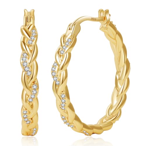 Senteria Silver Twisted Hoops Earring for Women Hypoallergenic Sterling Silver Post Hoop Earrings with AAA+ Cubic Zirconia 14K Gold Plated Hoop Earrings for Women 30/40/50MM - color: Gold-50MM