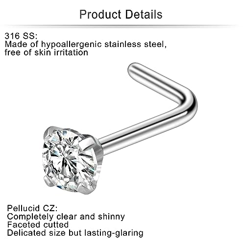 Cisyozi 18G Nose Rings Studs Hypoallergenic Nose Piercings 316L Surgical Steel Silver Nose Rings Set L Shaped Nose Nostril Piercing Jewelry for Women Men Diamond CZ 1.5mm 2mm 2.5mm 3mm 3.5mm 4mm - color: 18G - L Shaped -2.5mm