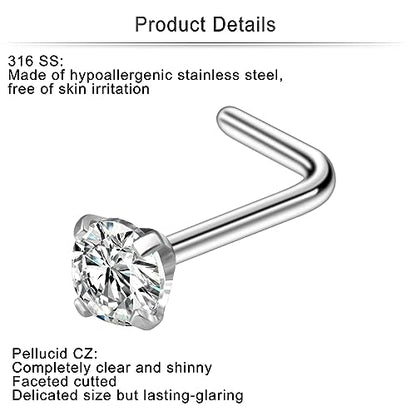 Cisyozi 18G Nose Rings Studs Hypoallergenic Nose Piercings 316L Surgical Steel Silver Nose Rings Set L Shaped Nose Nostril Piercing Jewelry for Women Men Diamond CZ 1.5mm 2mm 2.5mm 3mm 3.5mm 4mm - color: 18G - L Shaped -2.5mm