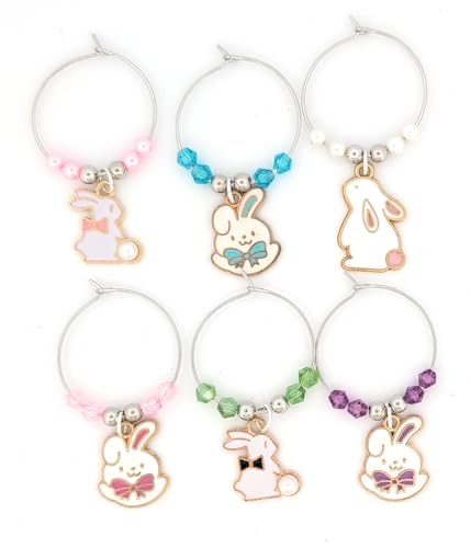 Pixie Easter Wine Charms – Set of 6 Bunny Rabbit Glass Markers, Easter Gifts, Spring Party Favors, Table Decor, Wine Glass Identifiers