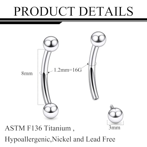 Ruifan 20g 18g 16g 14g 12g 8g 6g 4g 2g Rook Piercing Jewelry Titanium Internally Threaded Curved Barbell Eyebrow PA Tragus Helix Conch Lobe Earrings Lip Rings Body Piercing Jewelry For Women Men - size: 16G - 8mm Ball