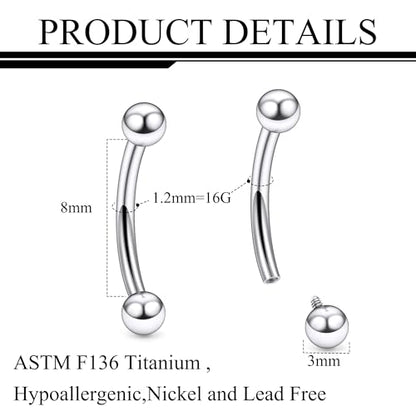 Ruifan 20g 18g 16g 14g 12g 8g 6g 4g 2g Rook Piercing Jewelry Titanium Internally Threaded Curved Barbell Eyebrow PA Tragus Helix Conch Lobe Earrings Lip Rings Body Piercing Jewelry For Women Men - size: 16G - 8mm Ball