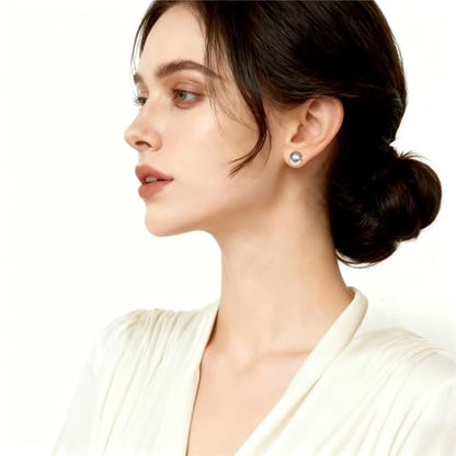 Grey Faux Pearl Stud Earrings, S925 Silver Posts Hypoallergenic for Women - color: Silvery Grey, size: 12mm