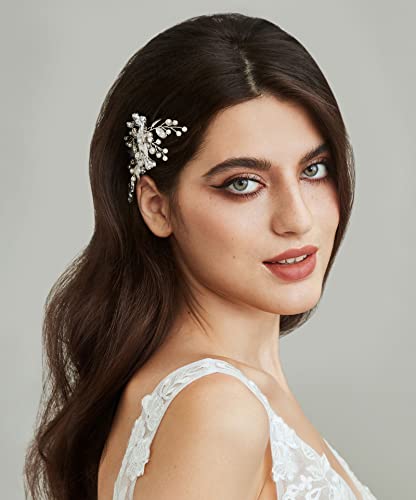 SWEETV Silver Bridal Hair Comb for Wedding Hair Accessories, Handmade with Crystals, Pearls, and Leaves, 4.72 x 2.75 inches, for Brides, Women | Handmade Crystals Pearls Leaves Bridal Hair Accessories, Wedding Hair Pieces for Brides Bridal Hair Pieces 4.7