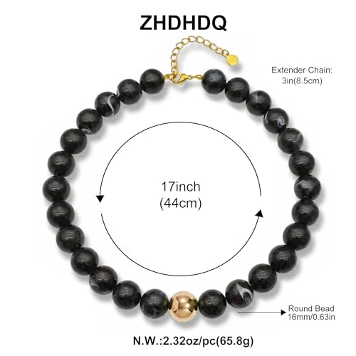 Multicolor Chunky Beaded Necklace, Statement Colorful Round Ball Beads Choker Necklace with Gold-Tone Adjustable Chain, Fashion Bold Neck Jewelry for Women - color: 16mm-Black