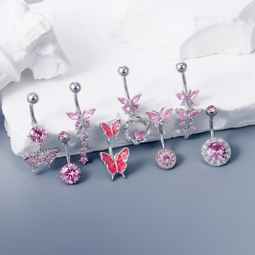 Vsnnsns 14G Belly Button Ring Piercing Jewelry 316L Stainless Surgical Steel Heart CZ Pearl Butterfly Flower Navel Rings Dangle Belly Button Ring Navel Piercing Jewelry for Women Men Hypoallergenic - color: Silver-Pink CZ