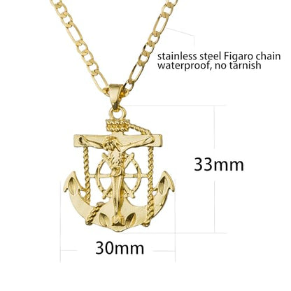 14K White Gold Plated Anchor Jesus Crucifix Cross Pendant Necklace for Women Men Saint Patron Pendant Religious Jewelry - color: gold