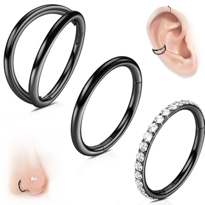 WYR 3Pcs Hypoallergenic Titanium Nose Rings for Women Men 16G 18G 20G | Black/Gold/Silver Seamless Septum Ring CZ & Double Hoop Clicker Conch Earrings Cartilage Piercing Jewelry 7mm 8mm 10mm - color: Black, size: 18g 7mm