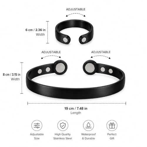 Calming Bracelet Ring Set for Women, Menopause Bracelets Adjustable Bangle Stainless Steel Cuff Climacterium Anxiety Stress Relief Energy Open Jewelry Gift - color: Black Pro + Black