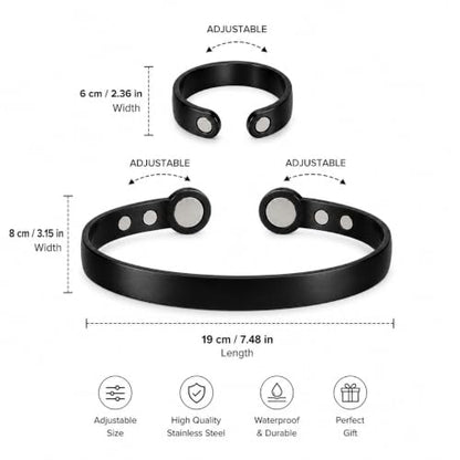 Calming Bracelet Ring Set for Women, Menopause Bracelets Adjustable Bangle Stainless Steel Cuff Climacterium Anxiety Stress Relief Energy Open Jewelry Gift - color: Black Pro + Black