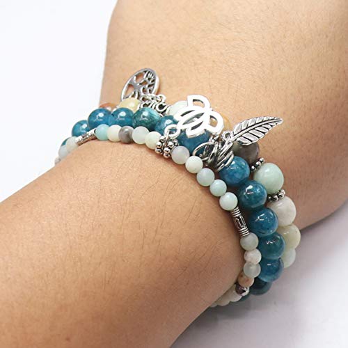Tree of Life Yoga Healing Stone Bracelets,Multilayer Lotus Chakra Stone Reiki Bracelet Sets,Anxiety Crystal Natural Stone,for Women Stress Relief - style: Style 6 Amazonite + Apatite