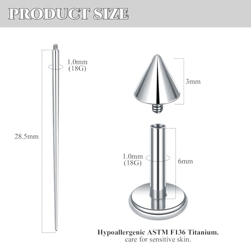 Xpircn ASTM F136 Titanium Flat Back Stud Earrings Internally Threaded Labret Monroe Lip Nose Studs Tragus Helix Conch Cartilage Piercing Jewelry for Women - color: 18G 6MM Bar,3MM Spike,Silver