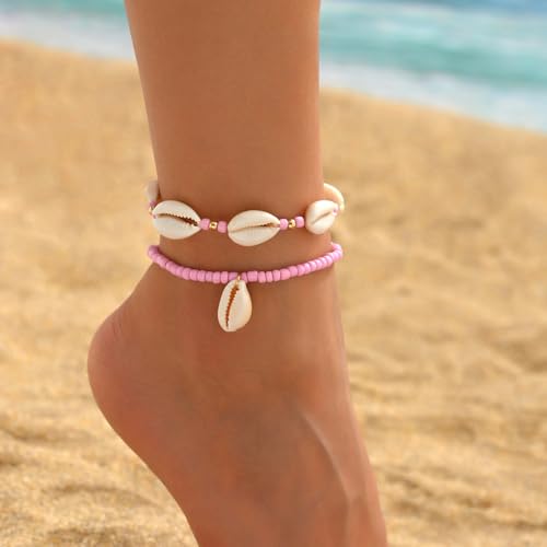 INENIMARTJ Puka Shell Anklets Bracelet for Women Colorful Shell Beaded Anklet Summer Ocean Hawaiian Beach Foot Jewelry Mermaid Seashell Anklets Jewelry for Women - color: pink
