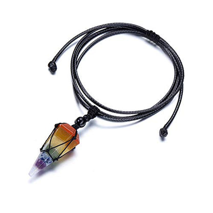 Top Plaza Mens Necklace, Crystal Gemstone Protection Pendant Necklace | Healing Crystals Necklace for Men Adjustable 6 Facet Pointed Necklace Energy Natural Quartz Protect Jewelry Gifts - color: 7 Chakra