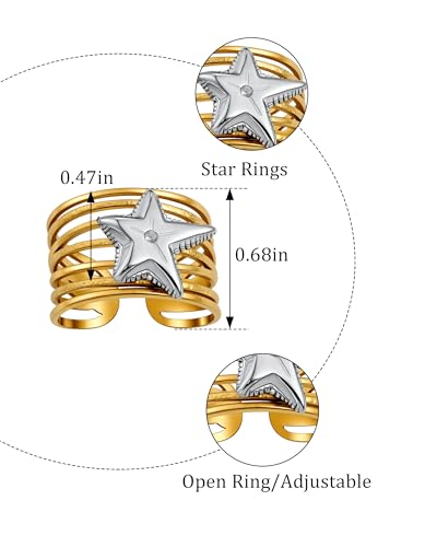 Two Tone Star Mixed Metal Hammered Band Statement Chunky Silver and Gold Adjustable Rings for Women