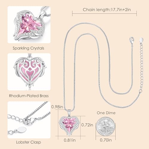 CDE Angel Wings Heart Birthstone Pendant Necklace Gift for Women | Silver/Gold Tone,Ideal Birthday & Anniversary Jewelry Gift for Wife,Girlfriend,Her - color: White-10-Opal Pink Birthstone