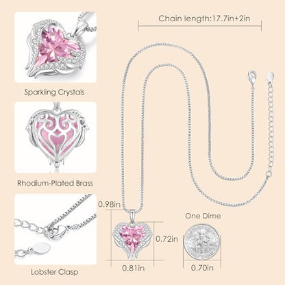 CDE Angel Wings Heart Birthstone Pendant Necklace Gift for Women | Silver/Gold Tone,Ideal Birthday & Anniversary Jewelry Gift for Wife,Girlfriend,Her - color: White-10-Opal Pink Birthstone