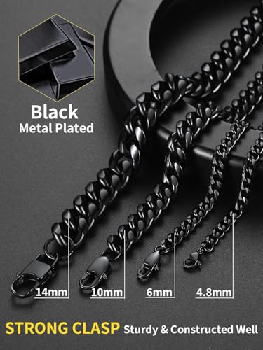 ChainsHouse Miami Cuban Link Chain Necklace for Men, Stainless Steel | 4.8/6/10/14mm Widths, Black/14K Gold Plated Finishes, Hip Hop Style, Daily Wear, Gift Box Included - color: Black