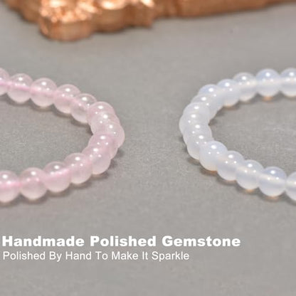 2PCS Agate Bracelet for Women Men Natural Round Beaded Agates Stone Healing Stretch Bracelets Elastic Handmade Polished Gemstone Beads Bracelet - color: White+Pink Quartz, size: 6mm Beads