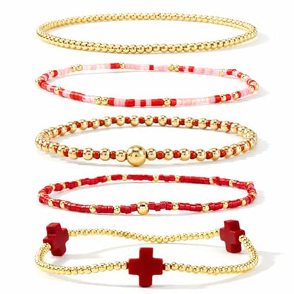 Gold Bracelets for Women, Beaded Cross Stack, Non Tarnish Set，Set-1 | Gold Beaded Bracelet Stack with Stretch Fit, Waterproof Finish and Dainty Design for Everyday Wear and Gifts - color: Colors-11