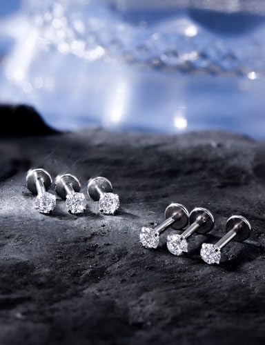 16G ASTM F136 Titanium Surgical Steel Internal Thread Flat Back Studs Earrings Lip Rings Labret Medusa Helix Tragus Cartilage Earring stud Piercing Jewelry for Women Men Silver Black Gold - style: 16g/2mm Clear cz/Silver 10mm
