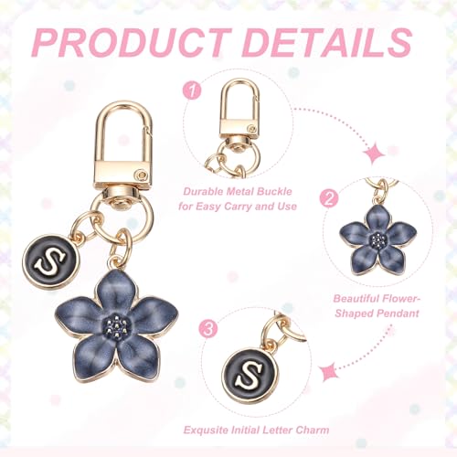 PATIKIL Flower Initial Keychain, Letter Keychain Charm Graceful Flower with Letter for Women Pendant Key - color: Black