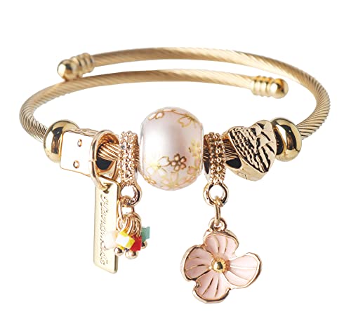 DS Charm Bracelets for girls,exquisite cute cartoon gold friendship bracelets Stainless Steel Bangle with birthday Gift box, Adjustable girls jewelry Suitable for holiday gifts - style: Gold-flower