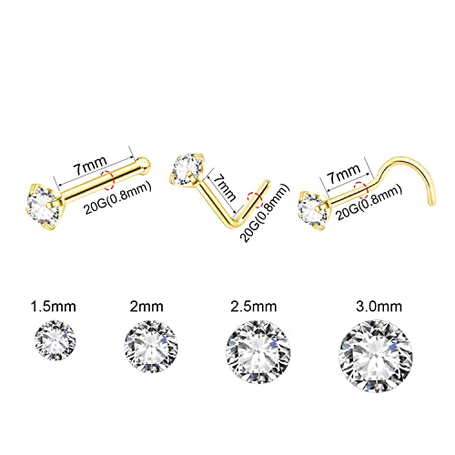 8PCS Titanium Nose Rings Stud, Gold Nose Ring for Women Men Hypoallergenic Nostril Hoops L Shape Nose Studs Corkscrew CZ Nose Piercing Jewelry Silver 18G & 20G Nose Ring Studs 2/2.5/3mm - style: Gold-12-three shape