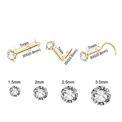 8PCS Titanium Nose Rings Stud, Gold Nose Ring for Women Men Hypoallergenic Nostril Hoops L Shape Nose Studs Corkscrew CZ Nose Piercing Jewelry Silver 18G & 20G Nose Ring Studs 2/2.5/3mm - style: Gold-12-three shape