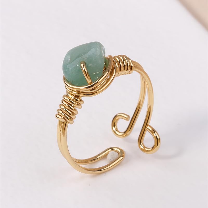 Chakra Crystal Ring Adjustable Gemstone Rings Wire Wrapped Irregular Crystal Ring Gemstone Carnelian Rose Quartz Amethyst Evil Eye Tiger Eyes Crystal Ring for Women - color: Green