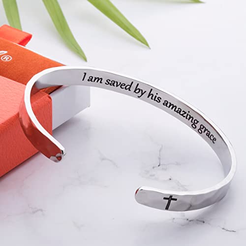 Bracelet - Gifts for Women – Inspirational, Friendships, Love, Mom, Daughters, Sisters, Christian, Graduations, Memorials & Wedding Gifts – 100+ Phrases – Stainless Steel, Gift Ready - color: CHRISTIAN GIFT- I am saved by his amazing grace - SILVER