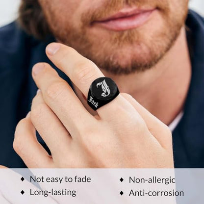 Custom Signet Ring for Men Personalized Initial Ring Custom Mens Rings Engraved Ring Customized Memorial Graduation Gifts for Father Husband Boyfriend Friends - color: Round Black