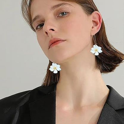 Bohemian Daisy Flower Matte Floral Long Petal Drop Dangle Earrings Layered Tiered for Women Chic Boho Wedding Jewelry - color: White