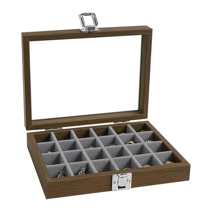 Wudygirl 24 Grid Earring Organizer Small Jewelry Box with Lid WoodGray | Ring Box with Adjustable Dividers, Velvet Lining, Ideal for Rings, Earrings, Jewelry Display, Gift Giving - style: Wood Gray 24 Grid