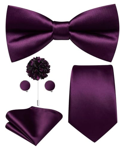 Hi-Tie 5Pcs Mens Solid Color Silk Tie Satin Pretied Bowtie Lapel Pin for Men Handkerchief Cufflink Wedding Gift Box - color: Dark Purple