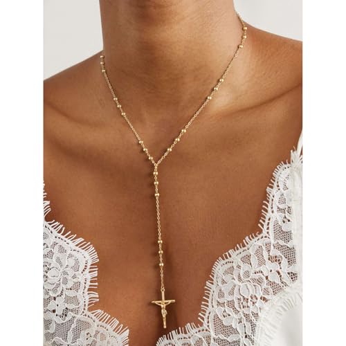 Lariat Gold Necklace for Women, 14K Gold Plated Dainty Drop Y Necklace, Waterproof Non Tarnish Long Layered Beaded Chain Lariat Necklace Prom Jewelry Summer Vacation Gift for Her - color: Gold-7
