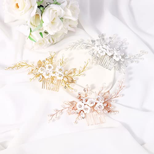 Gold Silver Flower Bride Wedding Hair Comb Pearl Bridal Side Comb Crystal Hair Piece Leaf Hair Accessories for Women and Girls - color: T- Gold