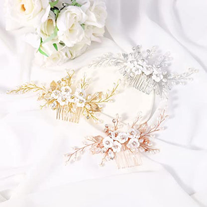 Gold Silver Flower Bride Wedding Hair Comb Pearl Bridal Side Comb Crystal Hair Piece Leaf Hair Accessories for Women and Girls - color: T- Gold