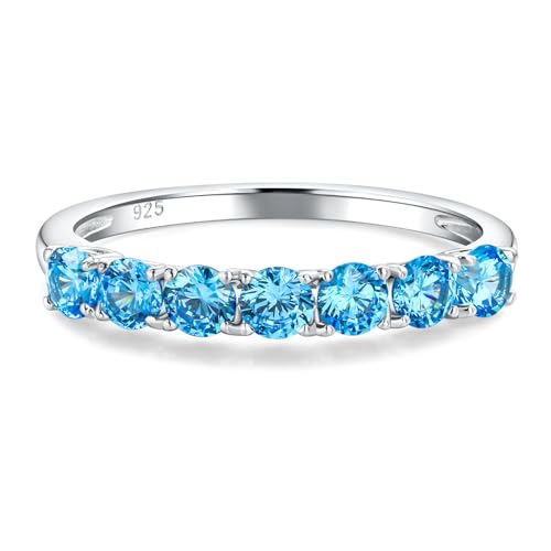Birthstone Wedding Band Eternity Rings 925 Sterling Silver Rings Stackable Anniversary Engagement Rings Cubic Zirconia Inlaid Created Garnet/Amethyst/Sapphire Ring 7 Stone Ring, Size 6 to 10 - color: Blue Topaz