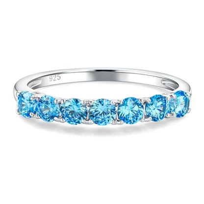 Birthstone Wedding Band Eternity Rings 925 Sterling Silver Rings Stackable Anniversary Engagement Rings Cubic Zirconia Inlaid Created Garnet/Amethyst/Sapphire Ring 7 Stone Ring, Size 6 to 10 - color: Blue Topaz