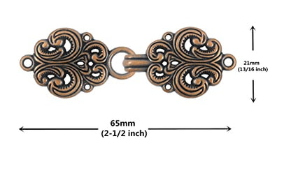 bezelry 6 Pairs Rococo Swirl Flower Cape or Cloak Clasp Fasteners. Sew On Hooks and Eyes Cardigan Clip. 65mm Fastened. - color: Antique Copper