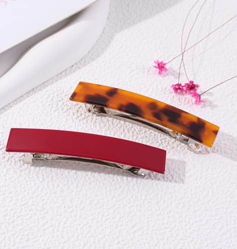 2 Pack French Design Hair Barrettes Tortoise Shell Acetate Celluloid Rectangle Hair Clips for Women - color: Tortoise+Red