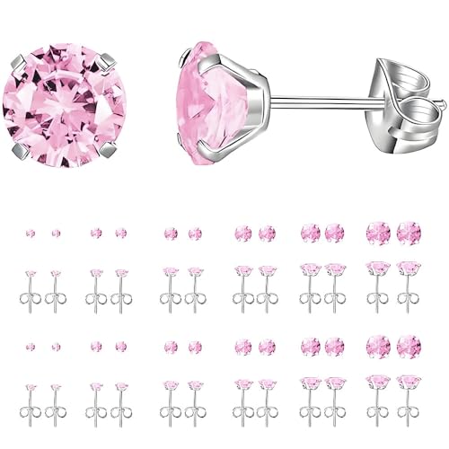 12 Pairs Stud Earrings Set, Hypoallergenic Surgical Stainless Steel 316L Earring for Women Men, Small Earring Studs Pack with Cubic Zirconia - color: Pink-6 Sizes-3，4，5，6，7，8
