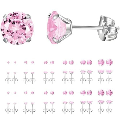 12 Pairs Stud Earrings Set, Hypoallergenic Surgical Stainless Steel 316L Earring for Women Men, Small Earring Studs Pack with Cubic Zirconia - color: Pink-6 Sizes-3，4，5，6，7，8