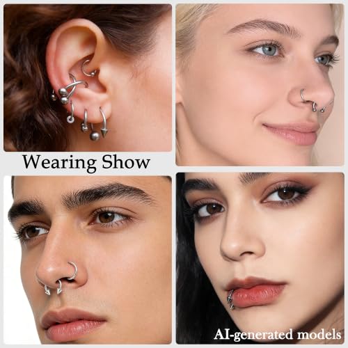 Septum Rings 16G 14G 12G 10G 8G 6G 4G 2G Surgical Steel Septum Stretching Kit Septum Pincher Tapers Gauge Kit Nose Ring Hoop Horseshoe Helix Tragus Daith Rook Piercing Jewelry for Women Men - style: 14G(1.6mm)-Inner Dia:10mm
