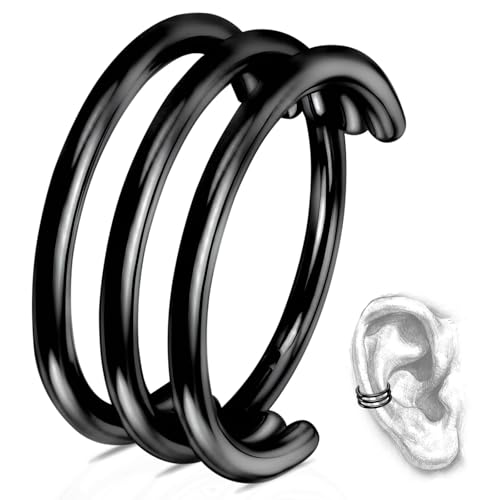 G23 Titanium Conch Piercing Jewelry Hoop: 16G 8mm/10mm/12mm Diamond Cartilage Earring Helix Double Piercing Hoop Septum Rings Hypoallergenic Nose Rings Hinged Segment Clicker Lip Rings Rook Daith Tragus Earrings - color: Black-Triple Layers